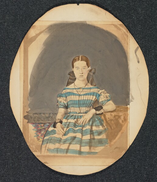 Unknown, [Portrait of young woman in striped dress]