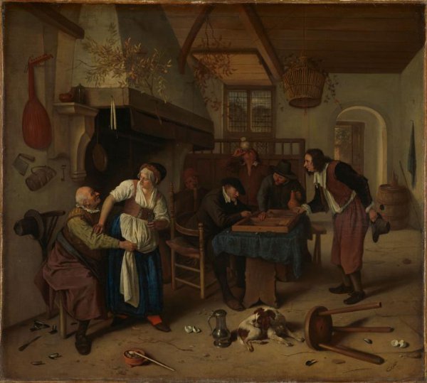 Jan Havicksz. Steen, Interior of an inn with an old man amusing himself with the landlady and two men playing backgammon, known as 'Two kinds of games'