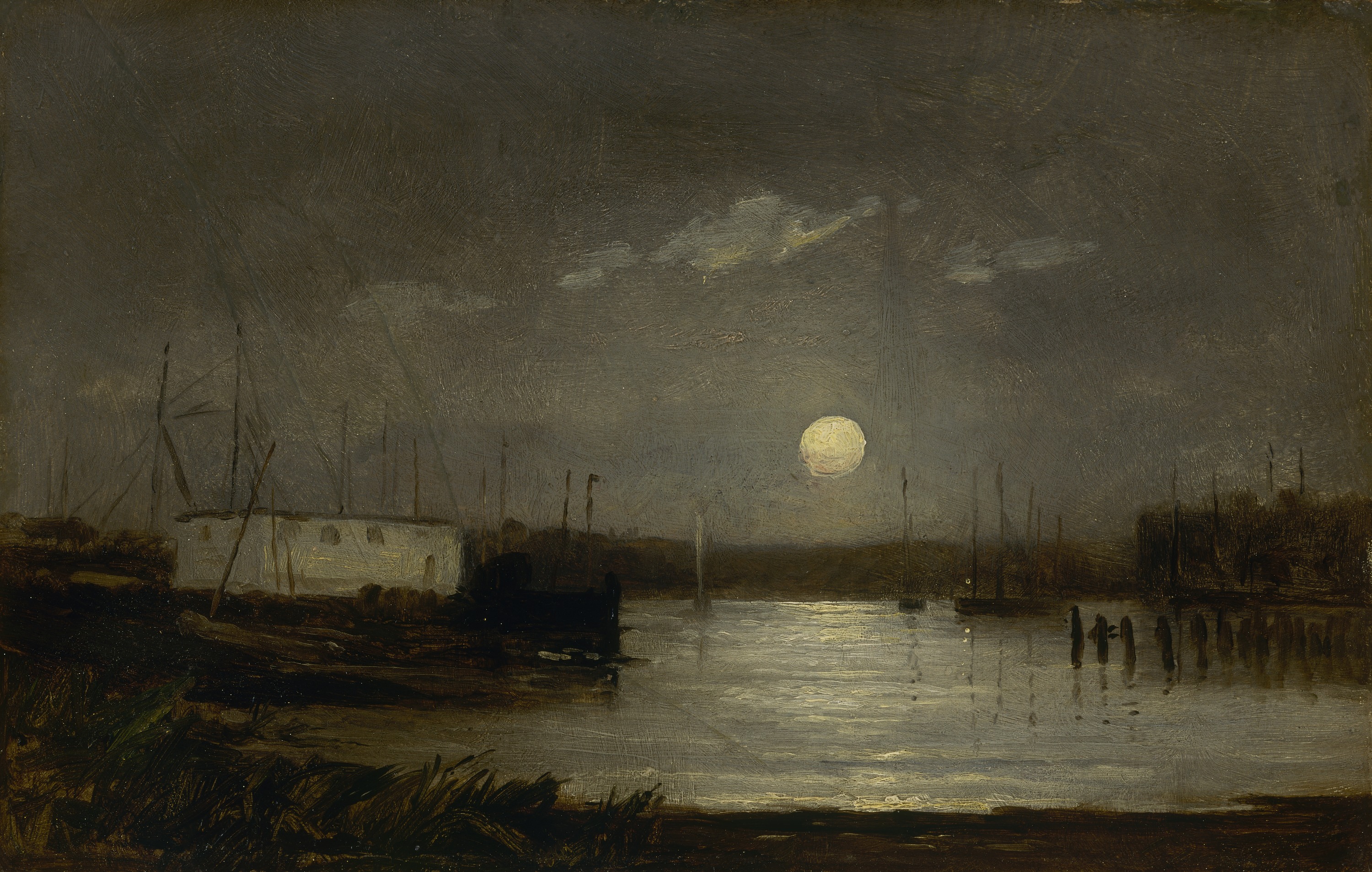 Edward Mitchell Bannister, Untitled (moon over a harbor, wharf scene with full moon and masts of boats)