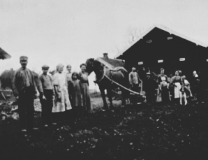Anno Domkirkeodden, GRUPPE 18 ARBEIDERE, BARN VOKSNE FORAN STABBUR, HEST MED PLOG, INGEBERG STORE