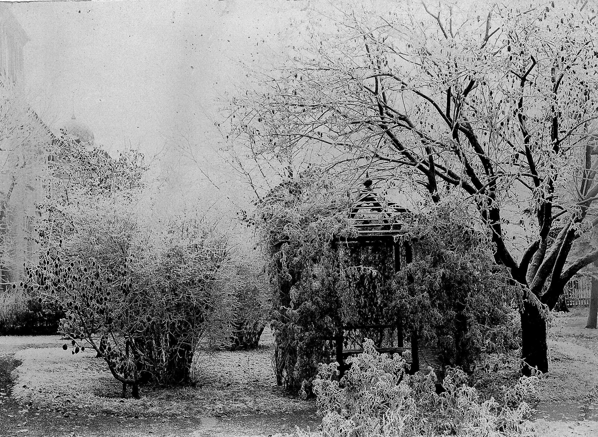 Robert Collett, Hage med lysthus, ukjent sted. Serie tatt av Robert Collett (1842-1913), amatørfotograf og professor i zoologi.