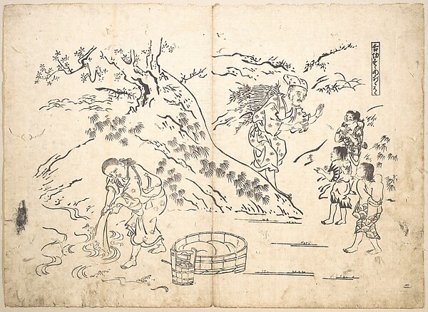 Okumura Masanobu, Fagot–gatherer Finds Boy with Sparrow
