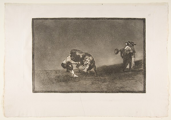 Goya (Francisco de Goya y Lucientes), Plate 16 of "La Tauromaquia": The same man throws a bull in the ring at Madrid