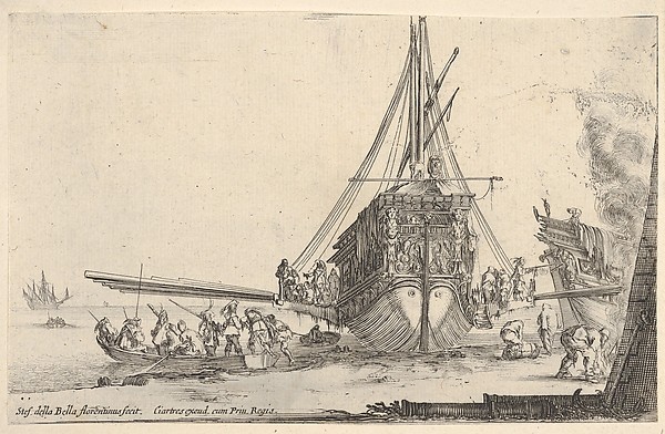 Stefano della Bella, A galley embarking at center, seen from behind, the stern of another galley to right under a fire, eight men in a rowboat to left, from "Varie Figure"