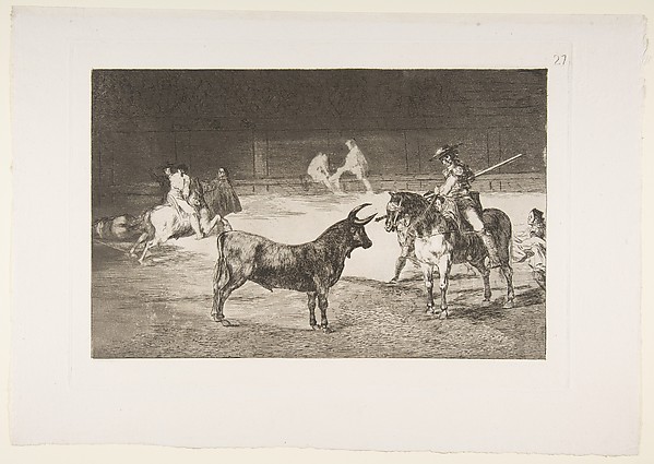 Goya (Francisco de Goya y Lucientes), Plate 27 from "La Tauromaquia": The celebrated picador, Fernando del Toro, draws the fierce beast on with his pike