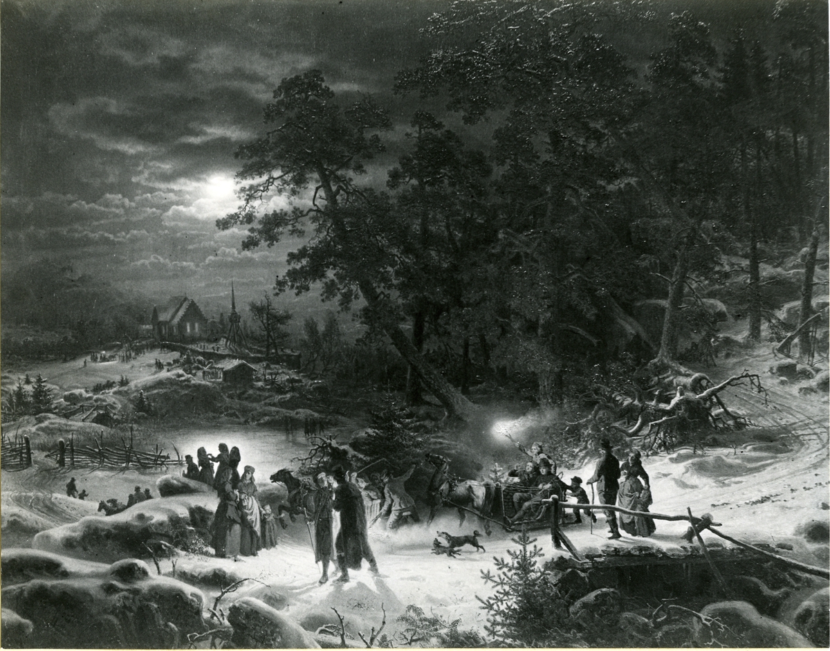 Okänd fotograf, Färden till julottan.Oljemålning 1855. Figurerna av Kilian Zoll. (Ramen skulpterad av ornamentsbildhuggare Karl Ahlborn). Storlek 149 x 187 cm.