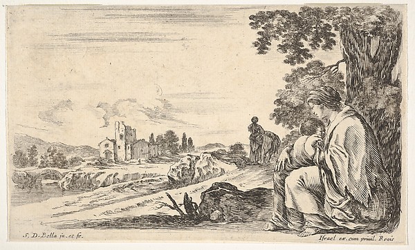 Stefano della Bella, A peasant woman facing left in profile nurses a baby under a tree at right, a woman, seen from behind, walking next to a donkey in the middle ground, a church and bridge to left in background, from "Various figures and lands" (Diverse figure e paesi)