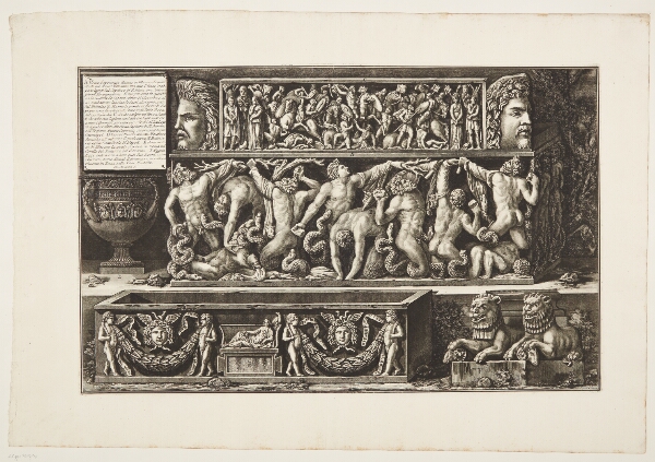 Giovanni Battista Piranesi, Marmorrelieffer og en sarkofag med et relief forestillende giganternes kamp mod Jupiter. Fundet nær S. Costanza's grav i 1748