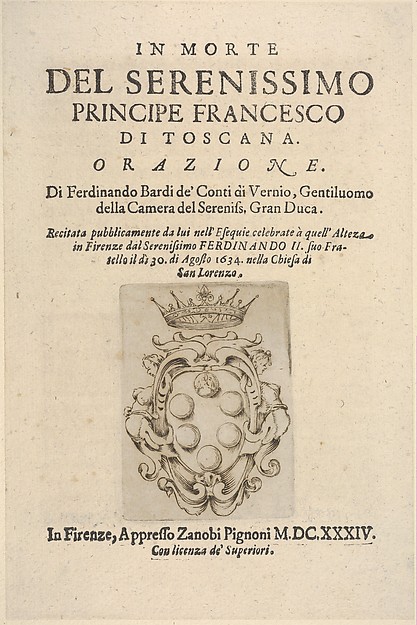 Stefano della Bella, Medici coat of arms in bottom center, title page 2 from "In Morte del Serenissimo Principe Francesco di Toscana, Orazione"