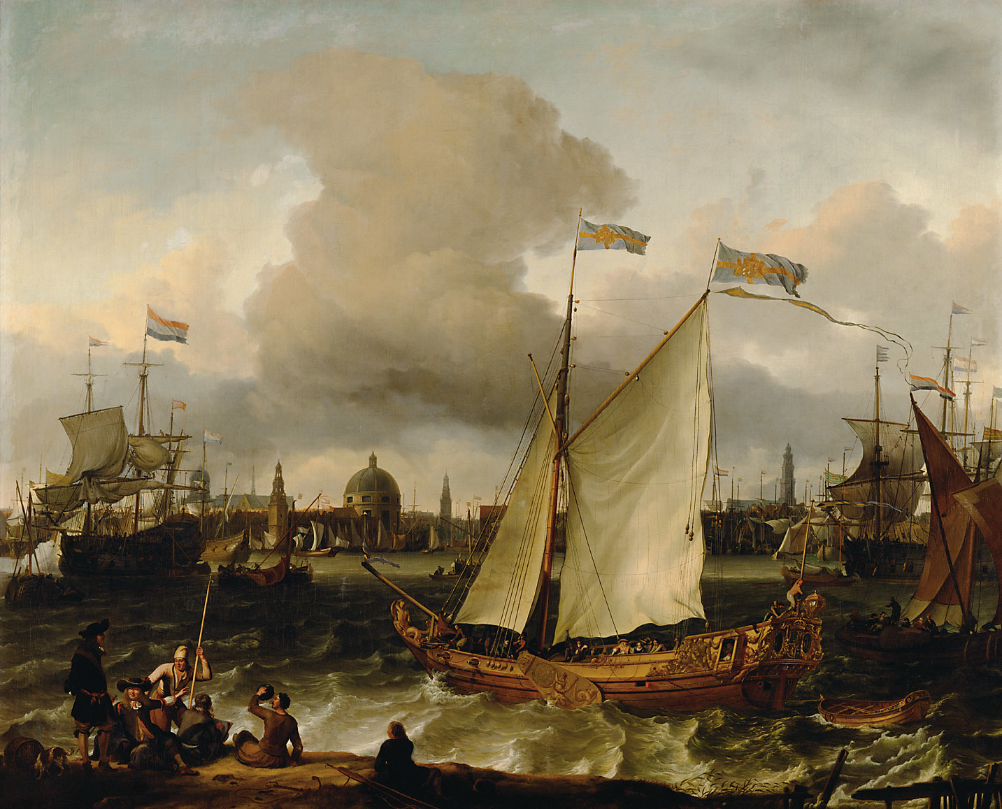 Ludolf Bakhuizen, View of the Amsterdam Port with the Swedish Ship 'Lejonet'; the Lutheran Church beyond