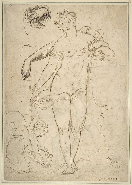 Anonymous, Italian, 16th century, Standing Nude Female and Putto with Studies of a Hand and an Arm (recto); Satyrs destroying a Female Herm (verso)