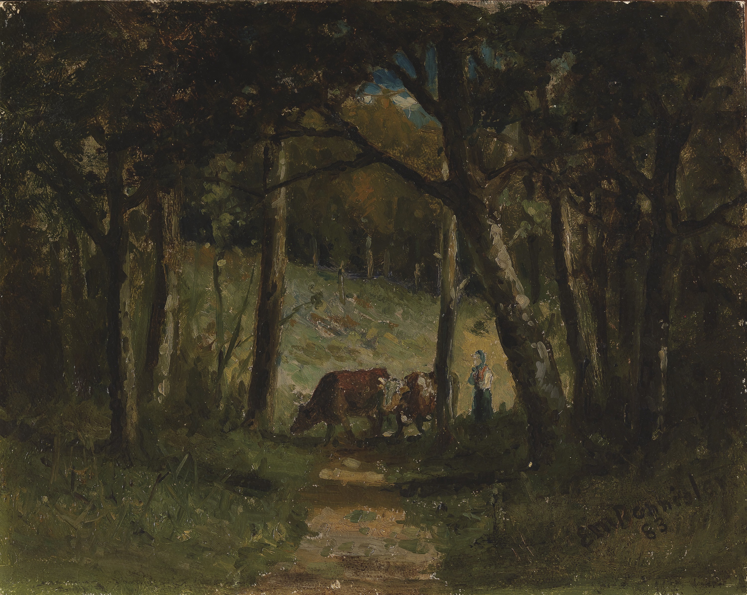 Edward Mitchell Bannister, Untitled (cows on path in forest)