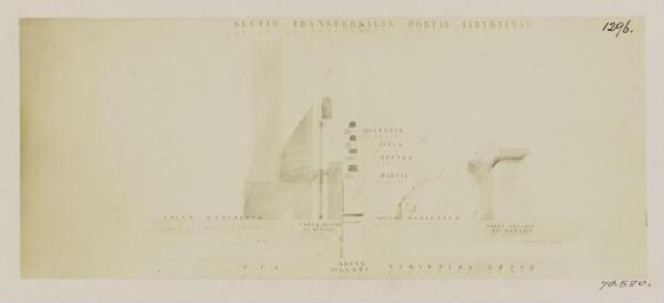 Parker, John Henry, Gates of Rome - Porta di S. Lorenzo (or Tiburtina), or Viminalis. Transverse section, shewing the different levels of the roads and the aqueducts