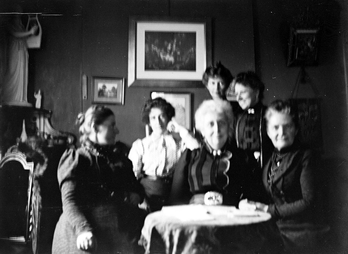 Juliane Fredrikke Langberg, Interiør med 6 kvinner, ant. på kappelangården Bergenhus i Rakkestad hvor fotografens søster Louise var gift med res.kap. Olaf A.Holm (i tjeneste der 1884-97). Rikt møblert stue. Fra malerinne Juliane Fredrikke Langbergs (1856-1930) samling, tatt ca.1895-1910 med motiver fra slekt og venner samt st…