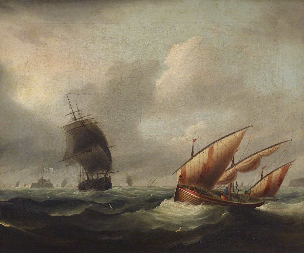 Thomas Luny, Seascape with View of Fort Stuart (Julia Ann with a Frigate and Lateen Boat with a Foreigner)