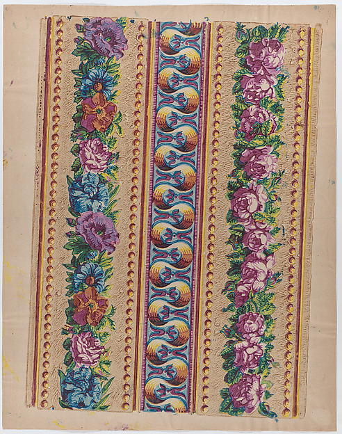 Anonymous, Sheet with a border with pink and multicolor floral garlands