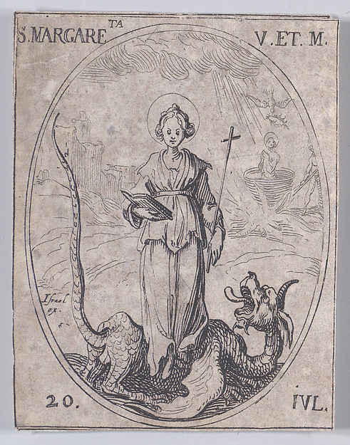 Jacques Callot, Ste. Marguerite, vierge et martyre (St. Margaret of Antioch, Virgin and Martyr), July 20th, from "Les Images De Tous Les Saincts et Saintes de L'Année" (Images of All of the Saints and Religious Events of the Year)