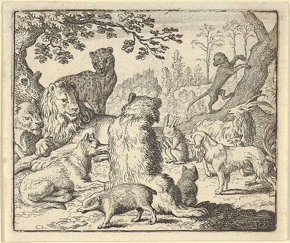 Allart van Everdingen, The Lion Orders All the Animals to Follow Him to Renard's Burrow from Hendrick van Alcmar's Renard The Fox