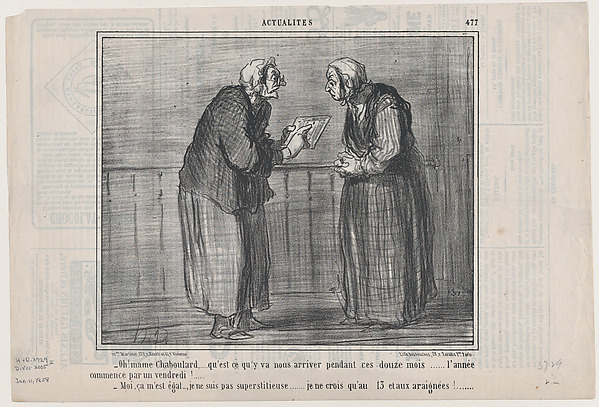 Honoré Daumier, Oh! mame Chaboulard,... qu'est ce qu'y va nous arriver pendant ces douze mois..., from "Actualités"