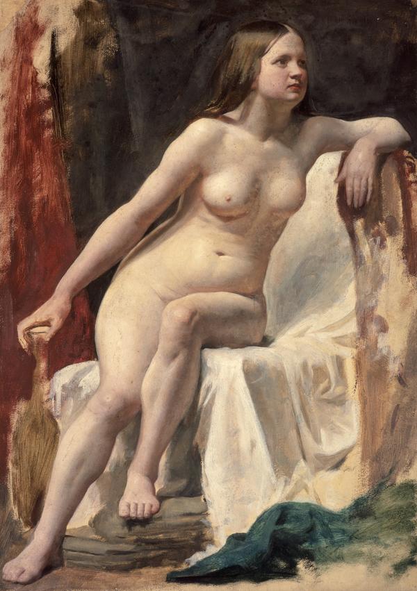 William McTaggart, A Life Study of a Female Nude Model Seated on White Drapery