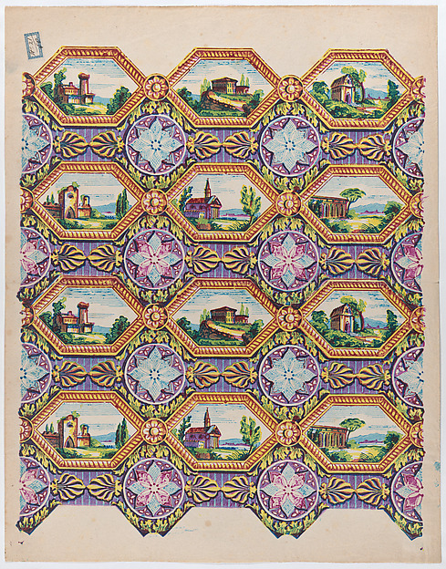 Anonymous, Sheet with pattern of brightly colored landscapes in hexagonal frames