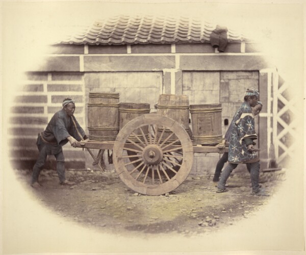 Felice Beato, [Japanese Indentured Workers Pushing a Cart]