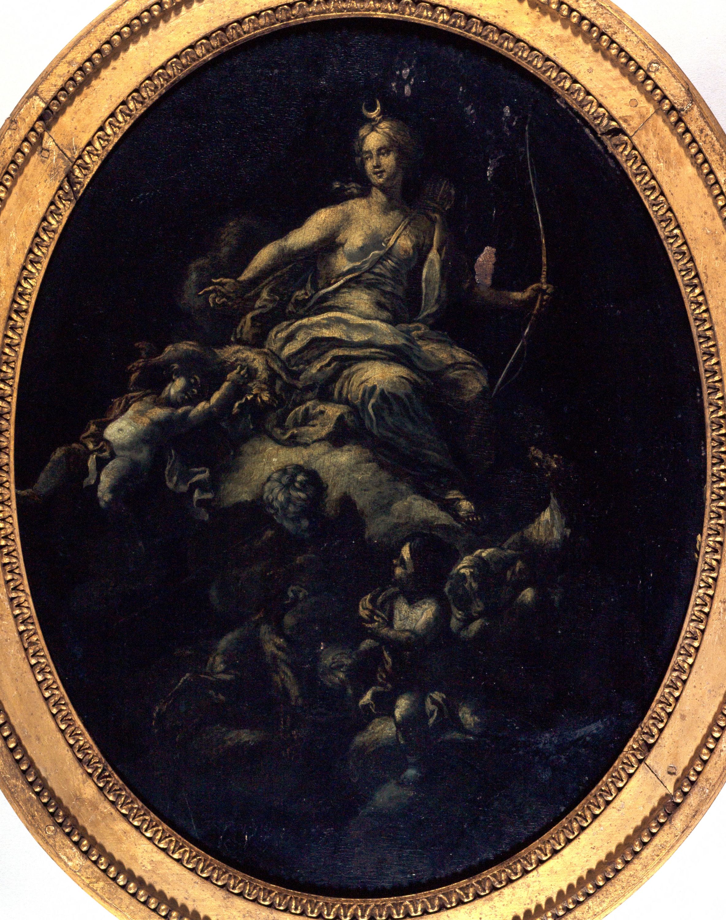 Anonyme, Diane entourée de trois amours, un chien, la dépouille d'un lapin et celle d'une biche ; fragment de boiserie, décor de carrosse (?)