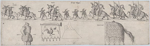 Anonymous, Plate depicting Signore Bolognesi, from a series of twelve showing knights and their attendants dressed for a tournament (plate 9)