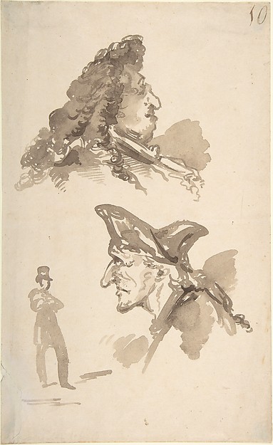 Jean-Baptiste Isabey, Sheet of Studies:  Two Male Heads in Profile and Standing Man
