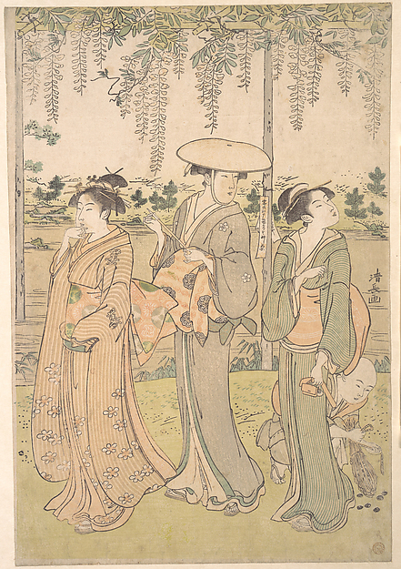 Torii Kiyonaga, Three Women and a Small Boy beneath a Wisteria Arbor on the Bank of a Stream