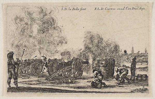 Stefano della Bella, Plate 6: battery of cannons firing on a city, from "Various Military Caprices" (Varii capricci militari)