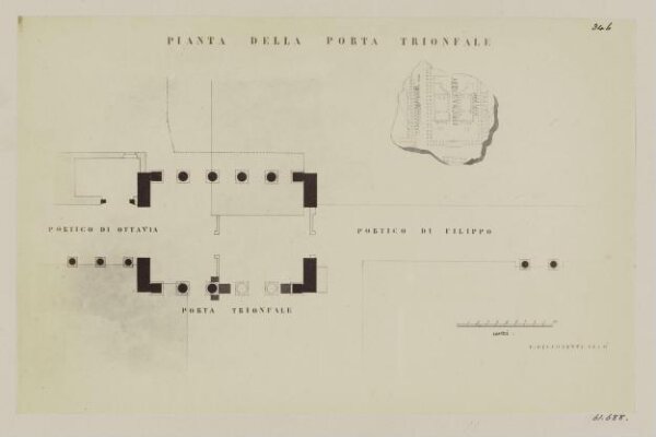 Parker, John Henry, Gates - Porta Triumphalis (?) between the Portico of Octavia and of Philippus, now part of the Church of S. Angelo in Pescheria - Plan, with the Fragment of the Marble Plan of Rome