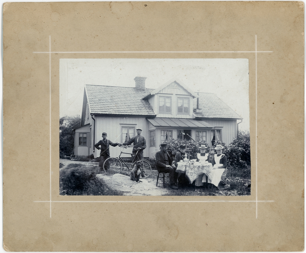 Okänd,, Kaffebjudning i trädgården, sannolikt Östhammar, Uppland tidigt 1900-tal