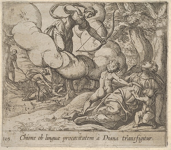 Antonio Tempesta, Plate 105: Diana aiming her bow toward Chione, who is accompanied by two children, in another scene at left Mercury approaches the sleeping Chione, from "The Metamorphoses of Ovid"