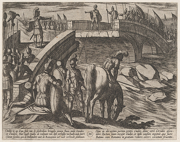 Antonio Tempesta, Plate 36: Civilis and Cerialis Meet on a Broken Bridge to Reach an Accord, from "The War of the Romans Against the Batavians" (Romanorvm et Batavorvm societas)
