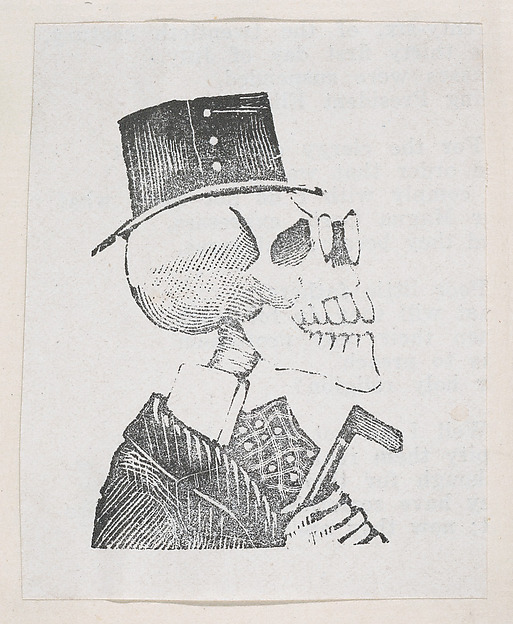 José Guadalupe Posada, A profile of a skeleton with a tophat, a coat, and glasses, from a broaside entitled 'La Calavera de Cupido', published by Antonio Vanegas Arroyo.