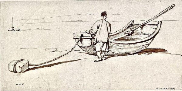 George Chinnery, A Chinese figure by a small boat tethered to a rock on the beach