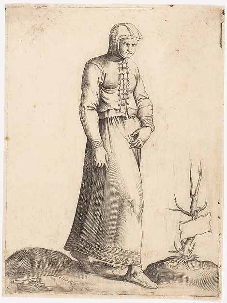 Enea Vico, Costume Plate: Woman with Hooded Garment