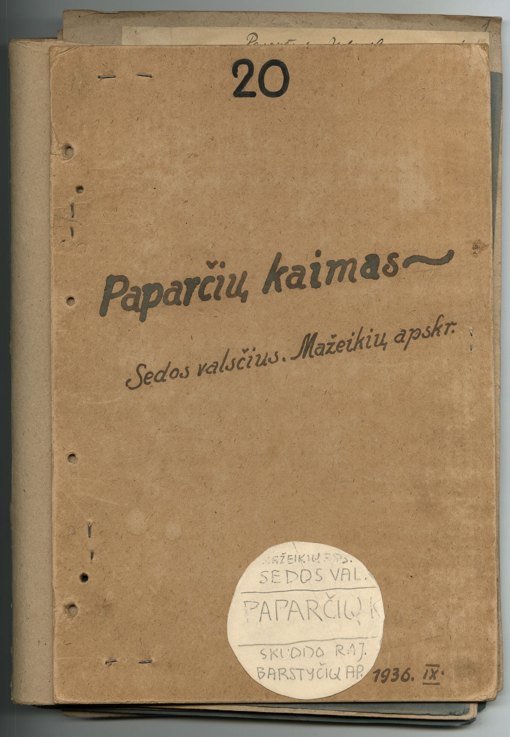 Vladas Zdzichauskas, Archyvinė byla Nr. 20. Mažeikių apskr., Sedos valsč., Paparčių kaimo etnografinė medžiaga