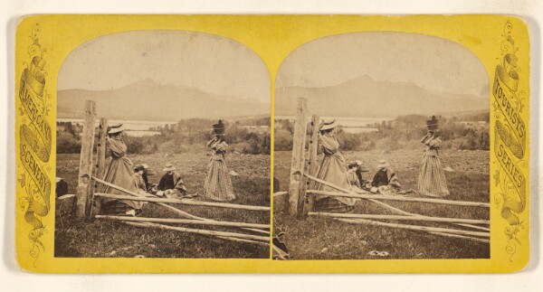 John B. Heywood, [Picnic near lakeside, one woman standing at a fence post, three others seated on ground, one black woman with bucket on head]