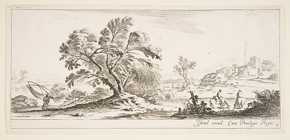 Stefano della Bella, Plate 6: a fisherman carrying a net to left, two horsemen in a stream to right, a tree in center, a castle in ruins to right in the background, from 'Various landscapes' (Divers paysages)