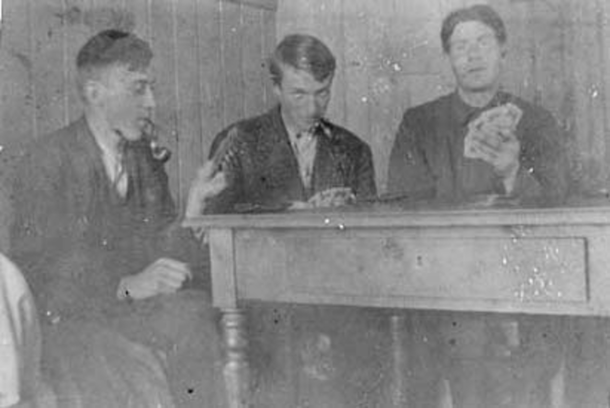 Anno Domkirkeodden, GRUPPE: 3 KORTSPILLERE, EN AV DEM ER EINAR BJERTINGSTAD, INTERIØR: JØNSBERG LANDBRUKSSKOLE ?, ROMEDAL