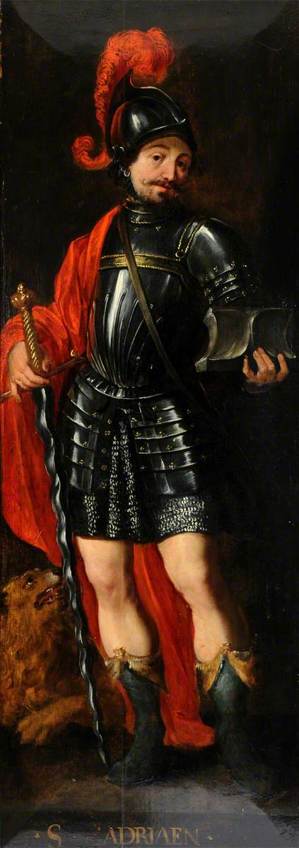 Unknown artist, Part of a Diptych (left): St Adriaen (recto); Four Male Donor Figures, dressed in Black with White Ruffs, praying (verso)