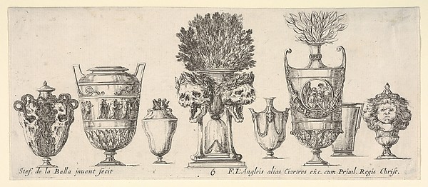 Stefano della Bella, Eight vases, a clepsydra in center decorated with two skulls with laurel wreaths, plate 6 from "Collection of Various Vases" (Raccolta di Vasi Diversi)