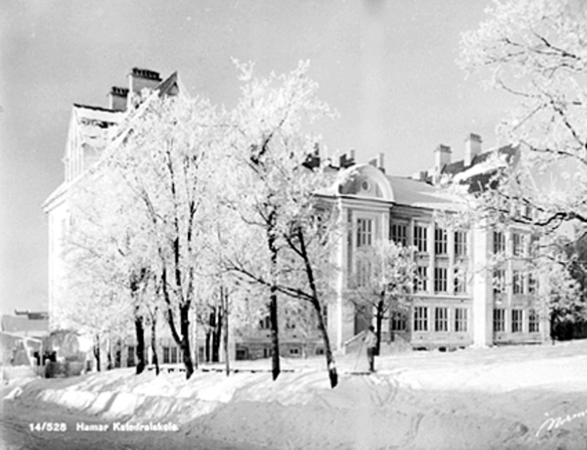 Anno Domkirkeodden, Hamar Katedralskole, Middelskolen. Postkort 14/528, eksteriør, vinter, rimfrost, Vestre torg.
