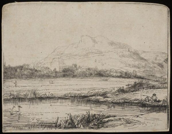 Rembrandt van Rijn, Landscape with an angler and two swans