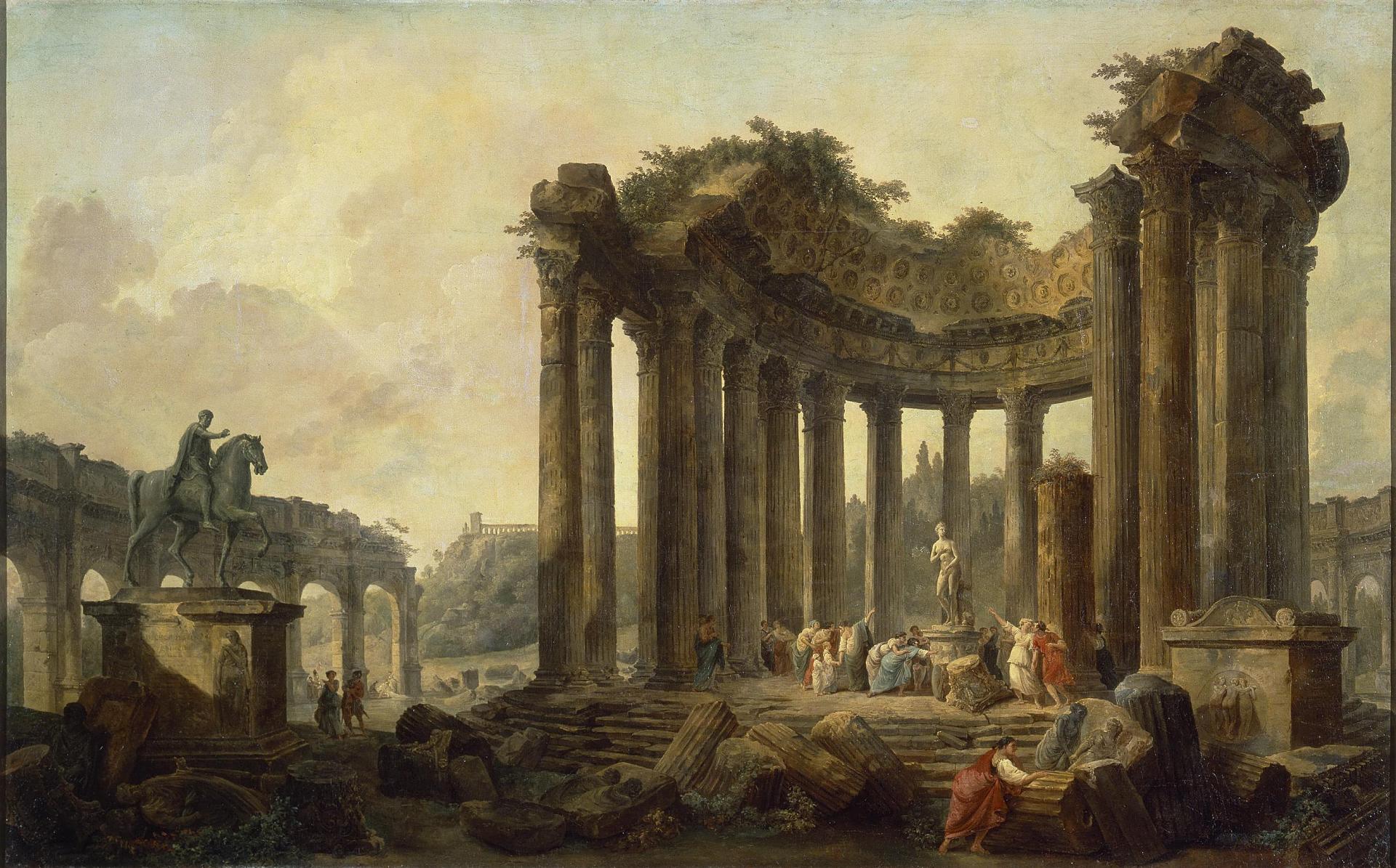 Hubert Robert, Landscape with the Ruins of the Round Temple, with a Statue of Venus and a Monument to Marcus Aurelius