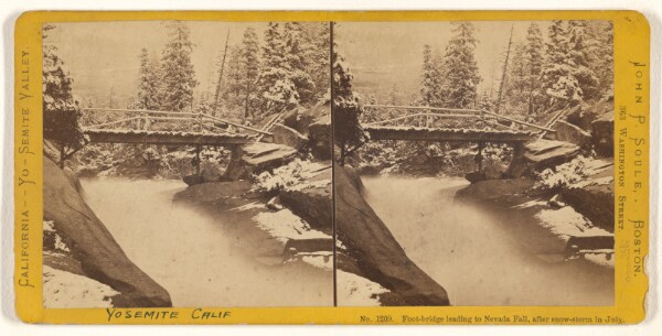 John P. Soule, Foot-bridge leading to Nevada Fall, after snow-storm in July.