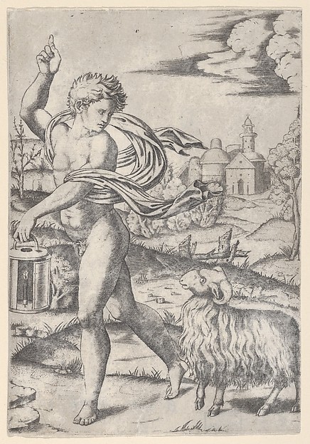 Marcantonio Raimondi, A naked young man walking left, carrying a lantern and looking backwards over his shoulder at a ram