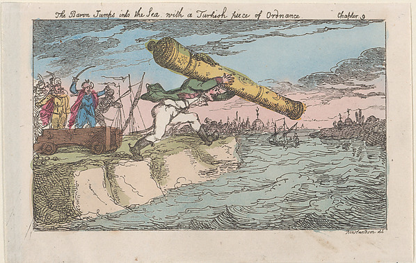 Thomas Rowlandson, The Baron Jumps into the Sea with a Turkish piece of Ordnance
